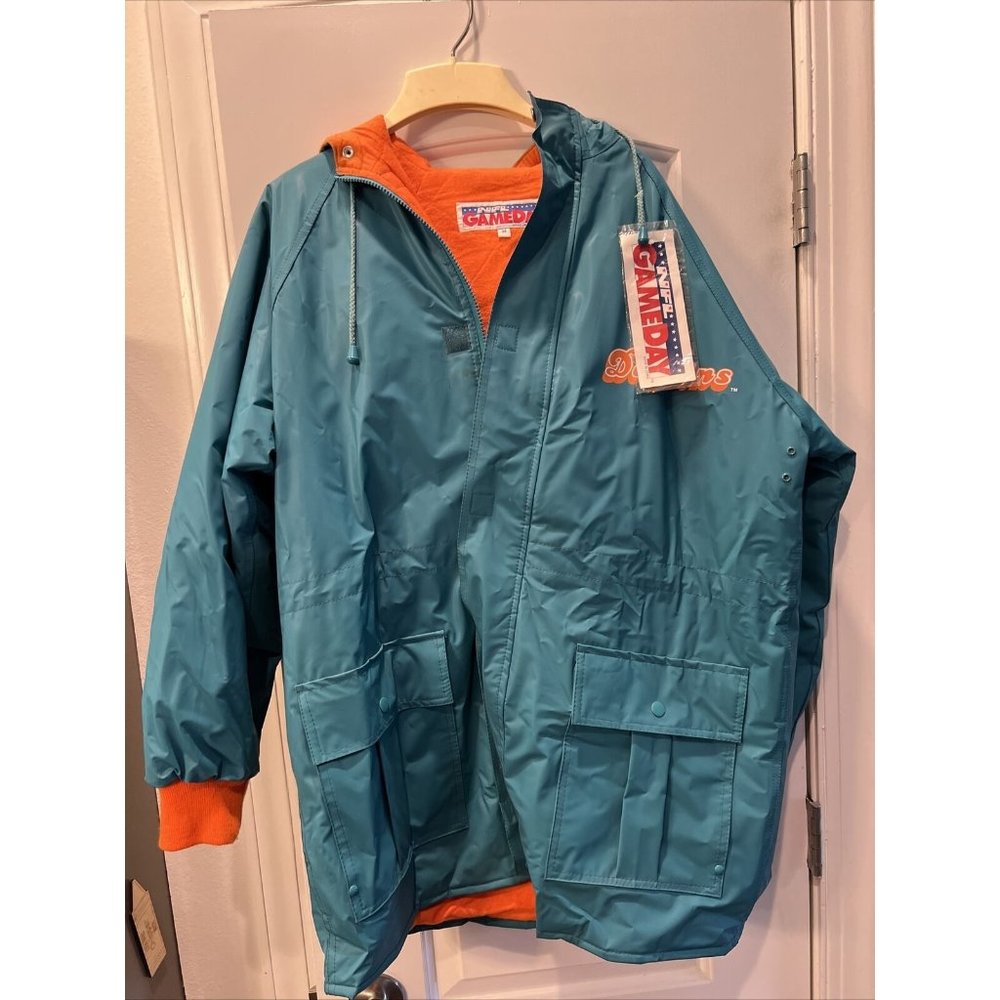 Vtg Miami Dolphins Mens SZ M Rain Jacket Logo 7 NFL Game Day Hooded LONG NWT